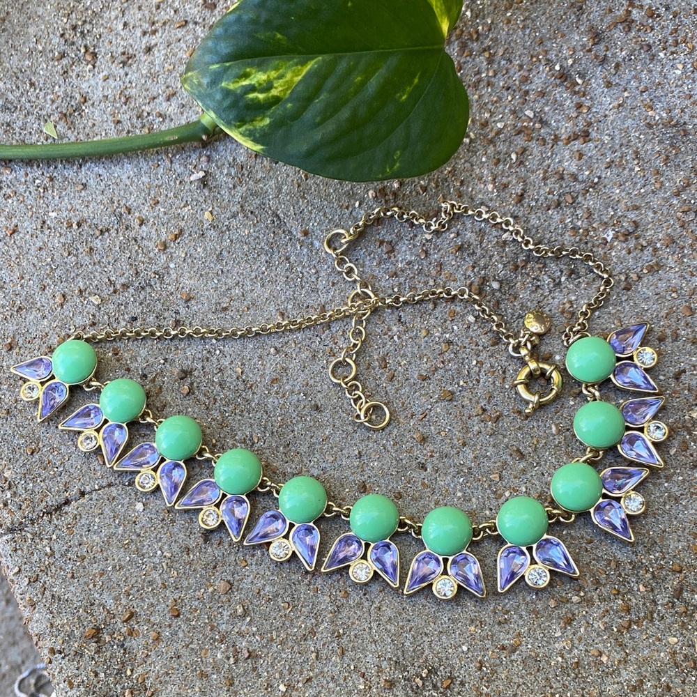 J. Crew Elegant Gold and Green Necklace with Purple Accents
